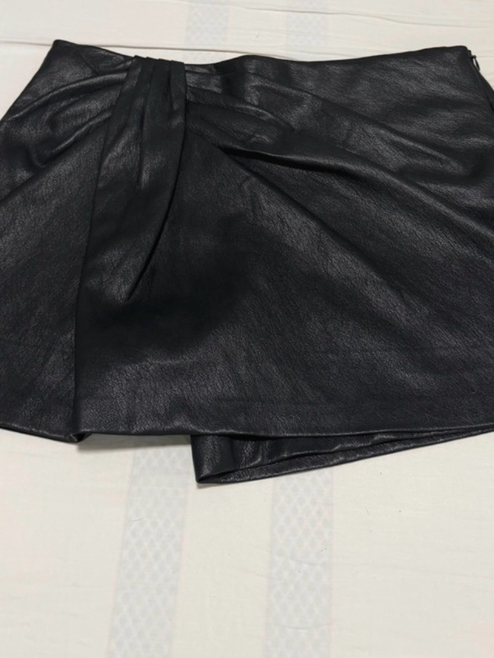Zara Black Faux Leather Draped Mini Skirt with Pleat Detail